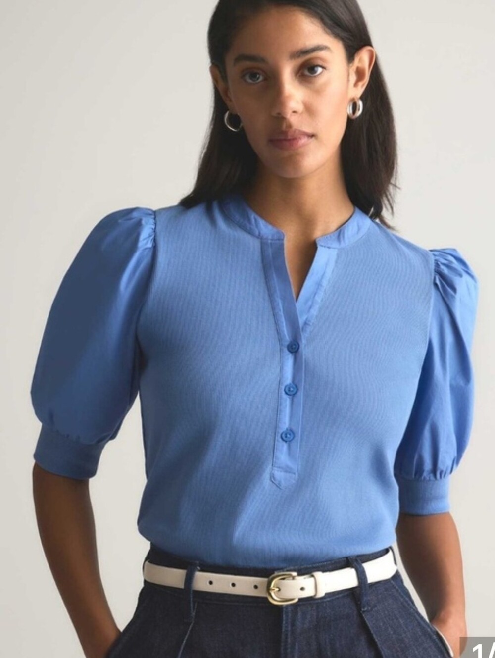 Quince Blue Puff Sleeve Henley Cotton Blouse